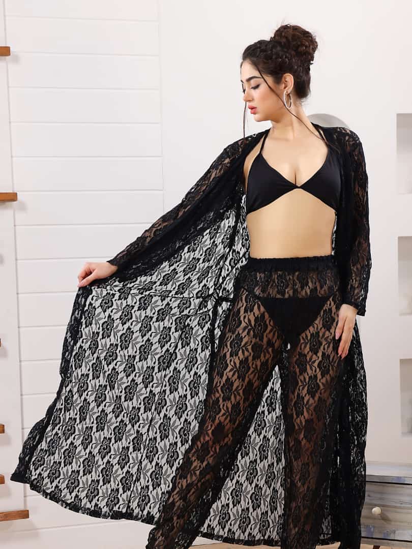 Net nighty full gown (4 piece set) black Transparent Gown Bridal beautiful night dress nightwear sleepwear Lingerie for girls