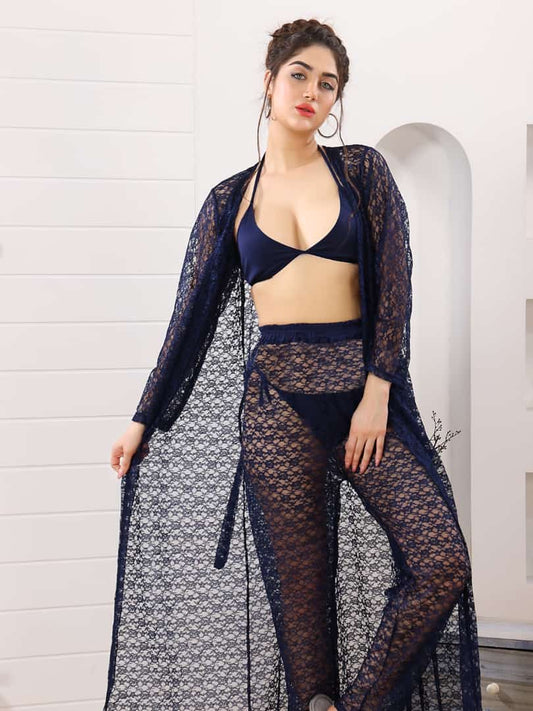 Net nighty full gown (4 piece set) black Transparent Gown Bridal beautiful night dress nightwear sleepwear Lingerie for girls